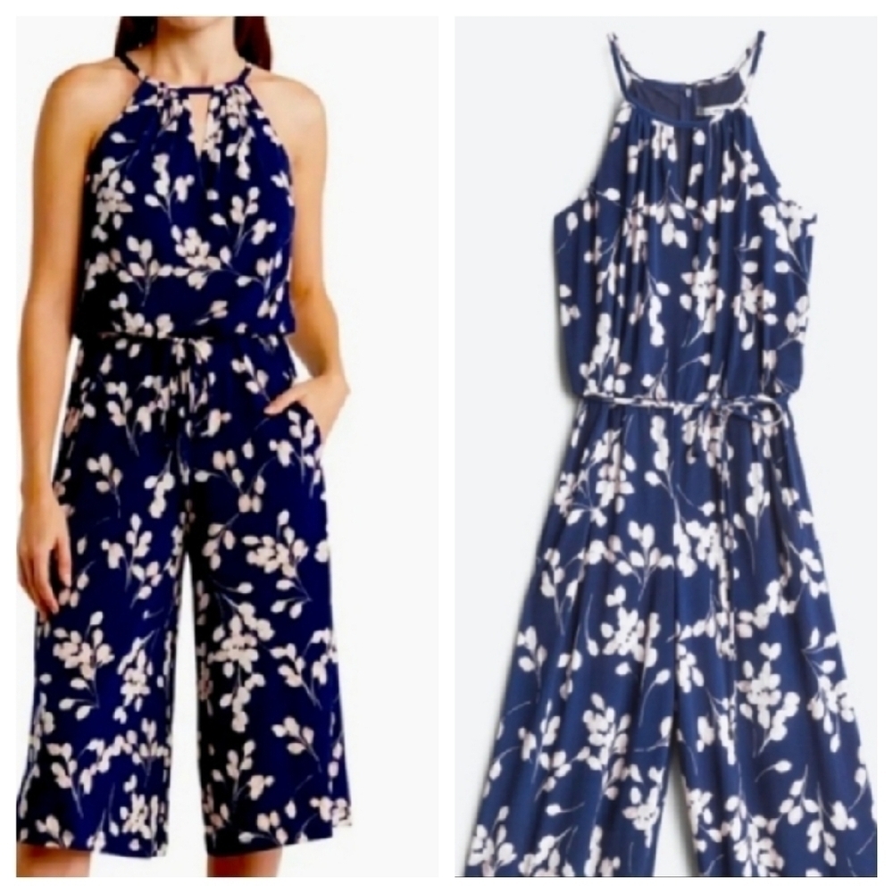 Maggie London Lottie Navy Floral Knit Tank Cropped Jumpsuit Size 14